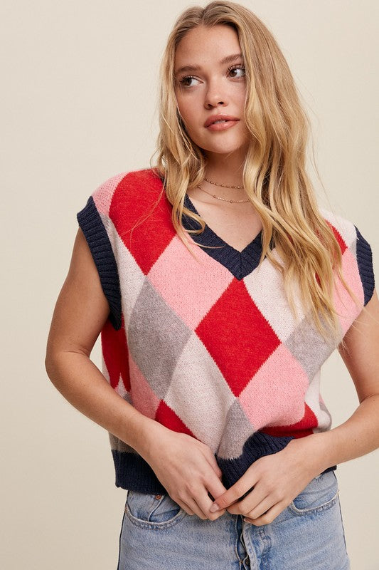 Sleeveless Argyle Cropped Sweater Vest - steven wick