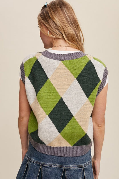 Sleeveless Argyle Cropped Sweater Vest - steven wick