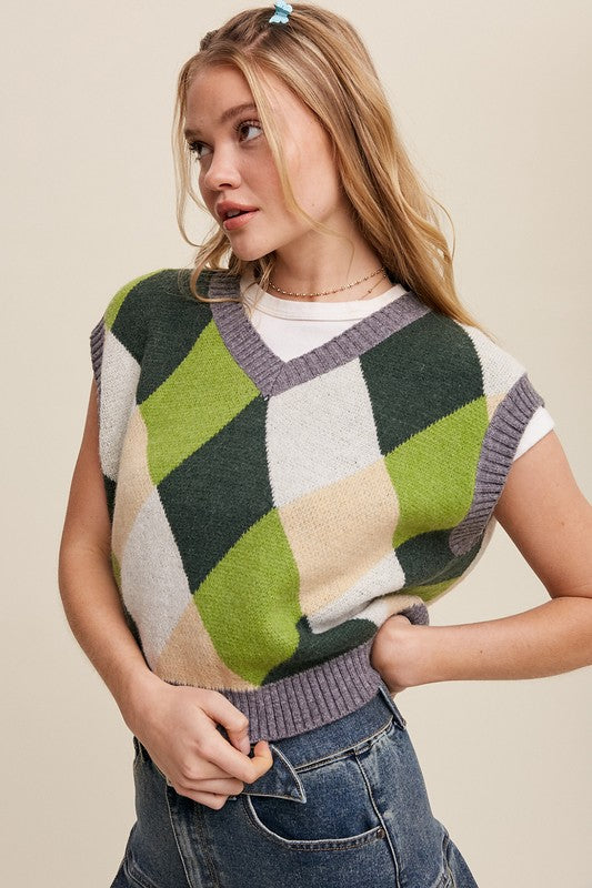 Sleeveless Argyle Cropped Sweater Vest - steven wick