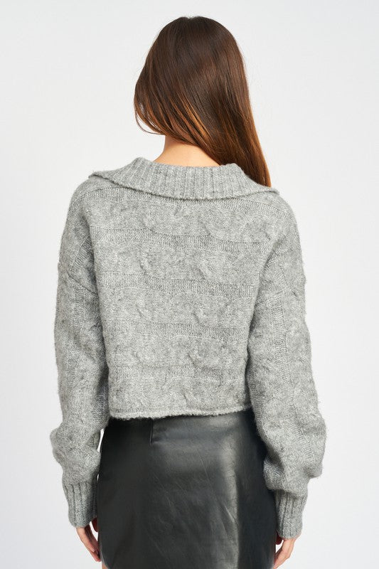 Collared Cable Knit Boxy Long Sleeve Sweater