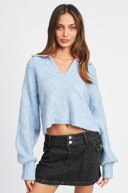 Collared Cable Knit Boxy Long Sleeve Sweater