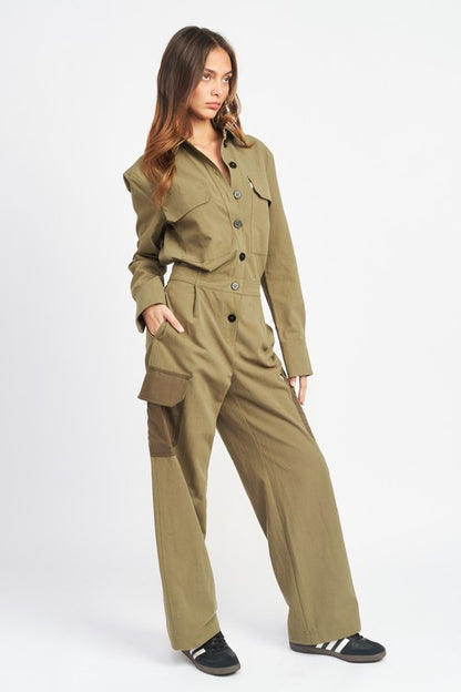 Olive Colored Button Down Cargo Jumpsuit - steven wick