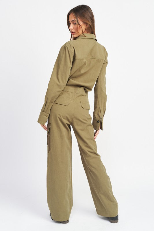 Olive Colored Button Down Cargo Jumpsuit - steven wick