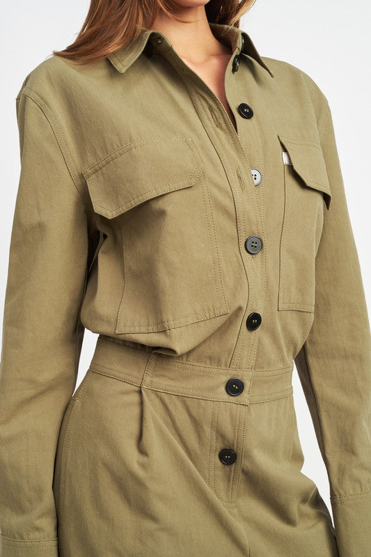 Olive Colored Button Down Cargo Jumpsuit - steven wick