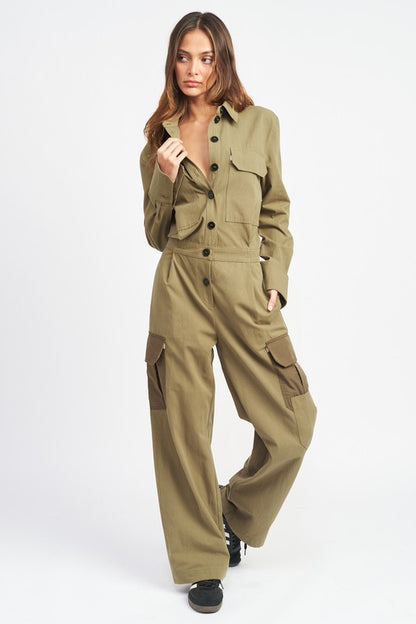 Olive Colored Button Down Cargo Jumpsuit