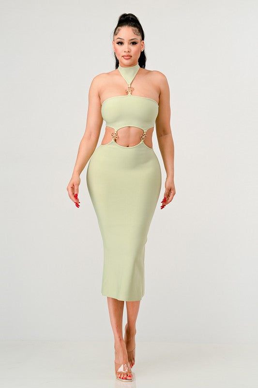 Strapless Sage Cutout Midi Bandage Dress - steven wick