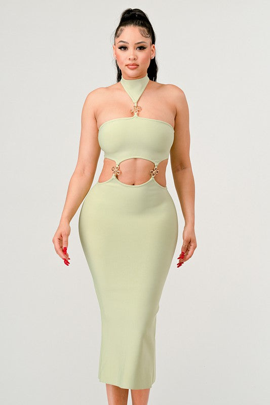 Strapless Sage Cutout Midi Bandage Dress - steven wick