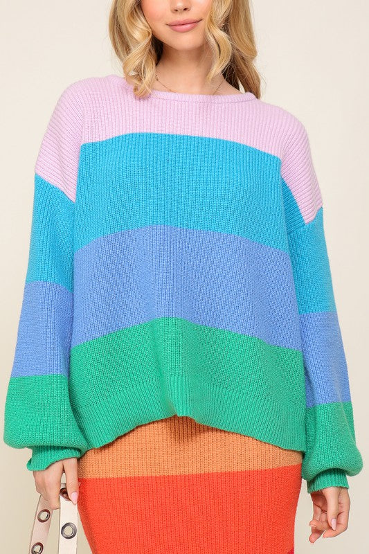 Bold Rainbow Stripe Oversized Chunky Knit Pullover - steven wick