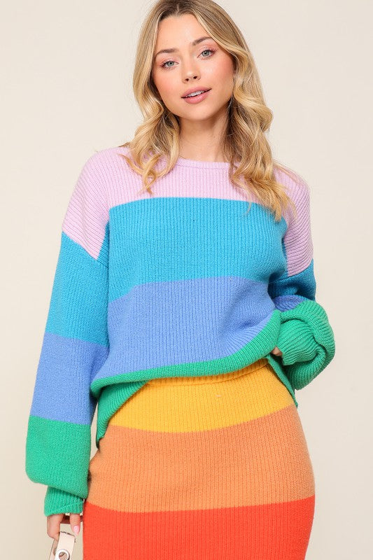 Bold Rainbow Stripe Oversized Chunky Knit Pullover - steven wick