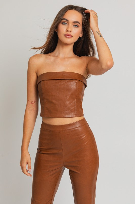 Brown Faux Leather Cropped Tube Top - steven wick