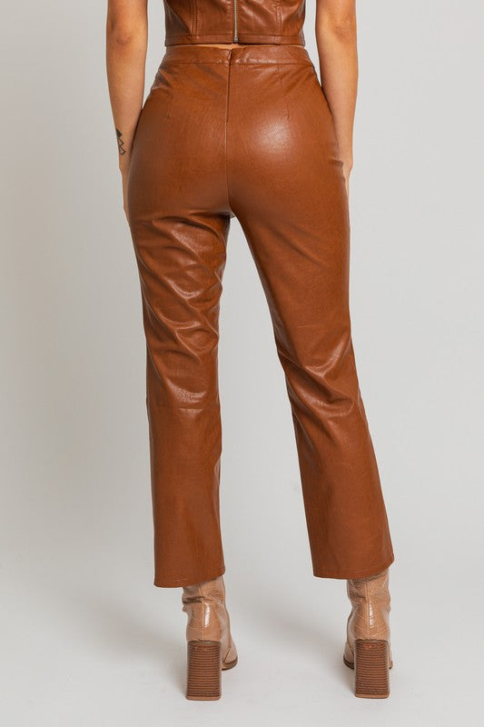 Brown Faux Leather Straight Pants - steven wick