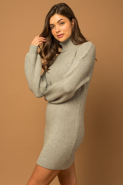 Turtle Neck Balloon Sleeve Sweater Dress - steven wick