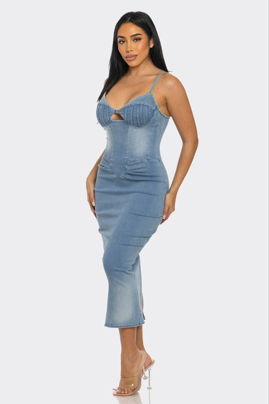 Denim Spaghetti Strapp Light Washed Midi Dress - steven wick