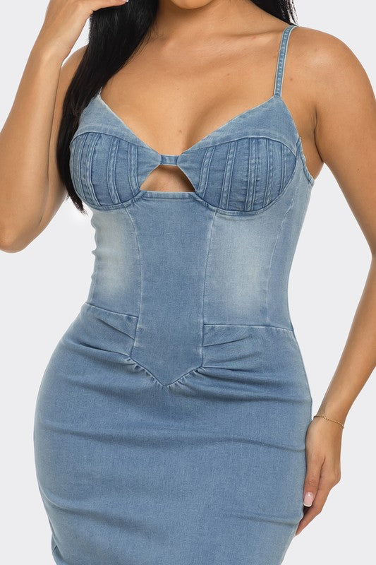 Denim Spaghetti Strapp Light Washed Midi Dress - steven wick