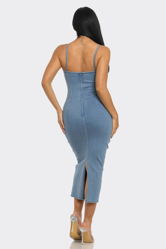 Denim Spaghetti Strapp Light Washed Midi Dress - steven wick