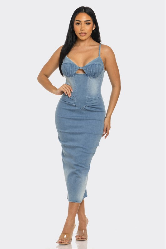 Denim Spaghetti Strapp Light Washed Midi Dress - steven wick