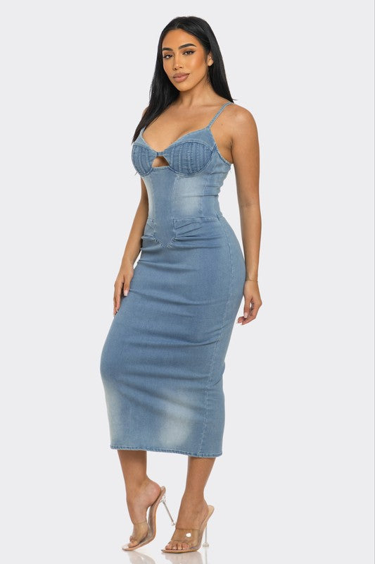 Denim Spaghetti Strapp Light Washed Midi Dress - steven wick