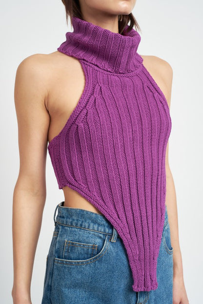 Knit Turtle Neck Open Back Crop Top - steven wick