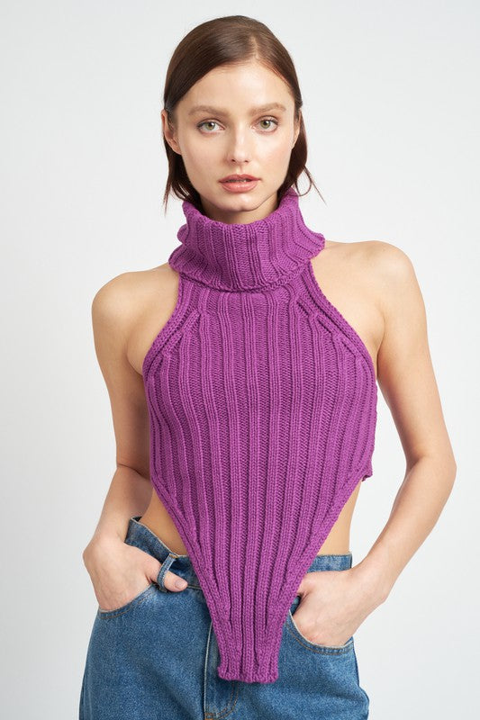 Knit Turtle Neck Open Back Crop Top - steven wick