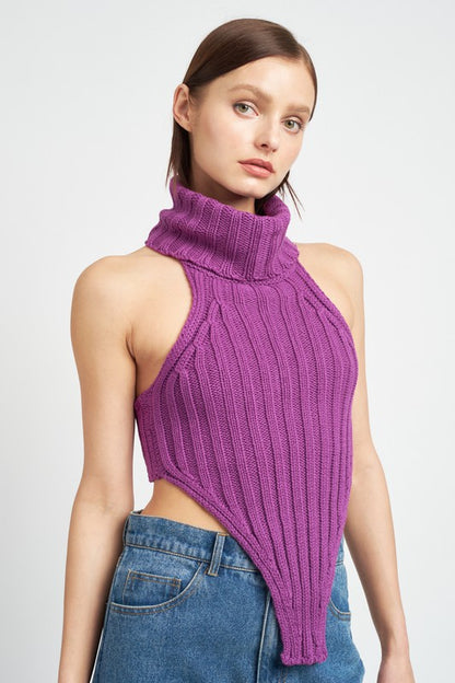 Knit Turtle Neck Open Back Crop Top - steven wick