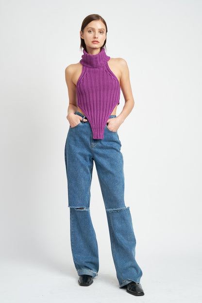 Knit Turtle Neck Open Back Crop Top - steven wick