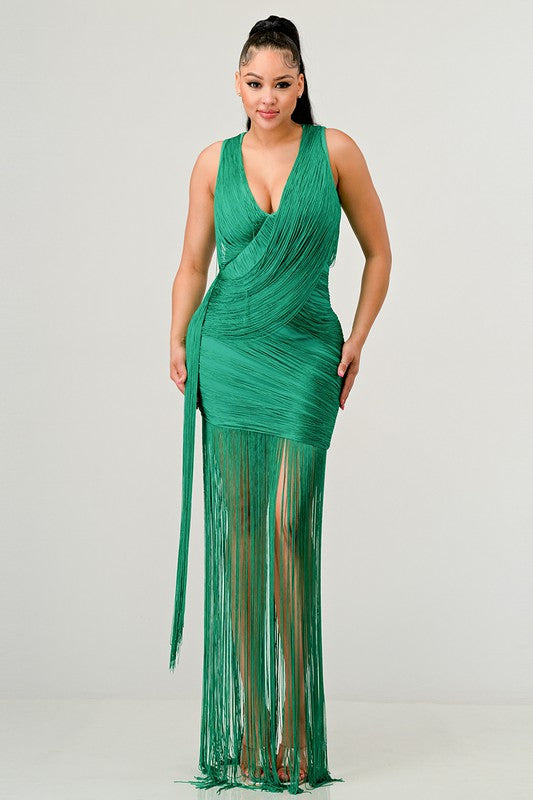Sleeveless Draped Fringe Maxi Dress Detail In Green - steven wick