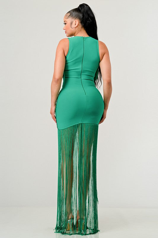 Sleeveless Draped Fringe Maxi Dress Detail In Green - steven wick