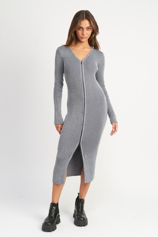 V-Neck Midi Ribbed Knit Dress With Two Way Zipper - steven wick