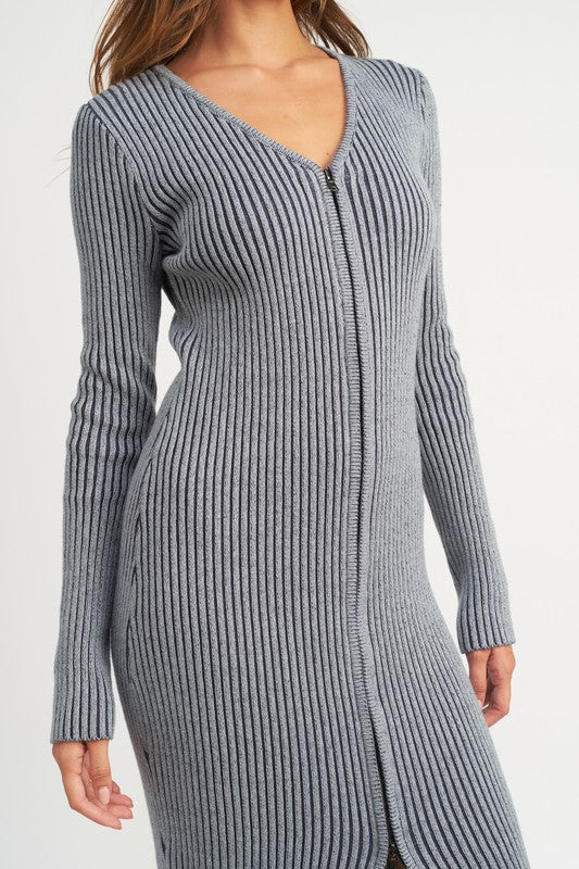 V-Neck Midi Ribbed Knit Dress With Two Way Zipper