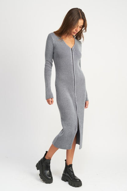 V-Neck Midi Ribbed Knit Dress With Two Way Zipper