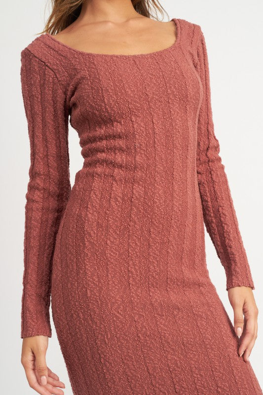 Square Neckline Ribbed Knit Midi Dress - steven wick