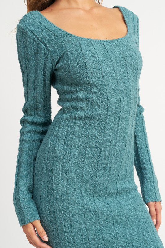 Square Neckline Ribbed Knit Midi Dress - steven wick