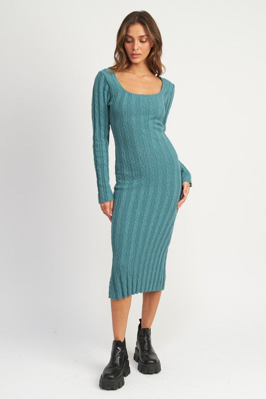 Square Neckline Ribbed Knit Midi Dress - steven wick