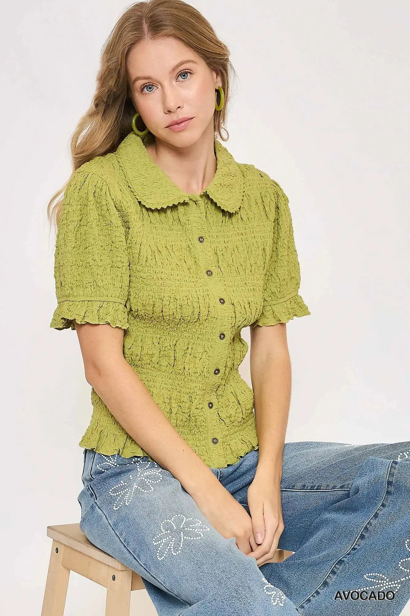 Smocked Short Sleeve Button-Front Shirt with Peter Pan Collar - steven wick