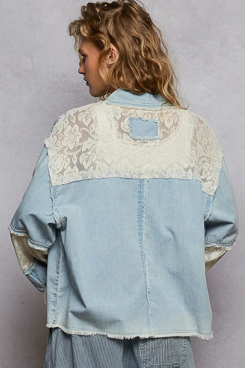 POL Printed Woven Mix Raw Hem Jacket with Lace Detail - steven wick
