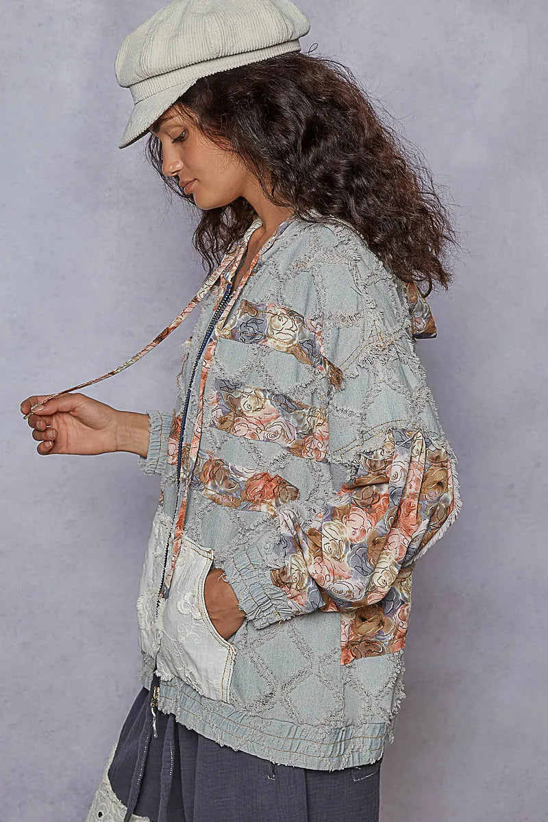 POL Zip Up Floral and Lace Patch Washed Denim Jacket - steven wick