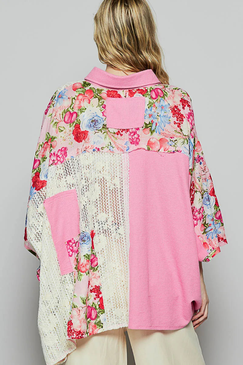 Thermal and Crochet Lace Mix Shirt with Floral Pattern - steven wick