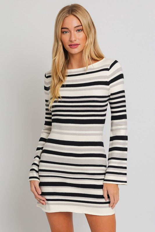 Boat Neck Bell Sleeve Sweater Dress - steven wick