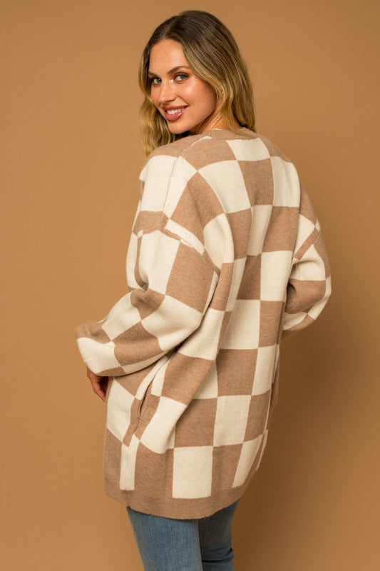 Taupe-White Checker Graphic Sweater Cardigan - steven wick
