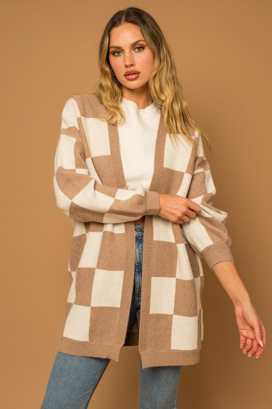 Taupe-White Checker Graphic Sweater Cardigan - steven wick