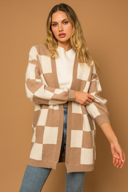 Taupe-White Checker Graphic Sweater Cardigan - steven wick