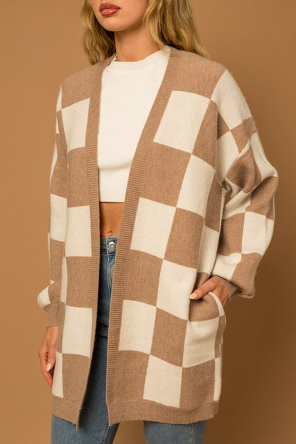 Taupe-White Checker Graphic Sweater Cardigan - steven wick