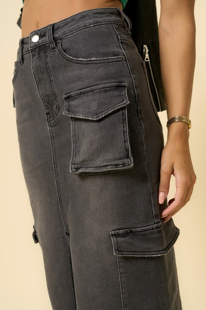 Black Wash Denim Maxi Cargo Skirt - steven wick