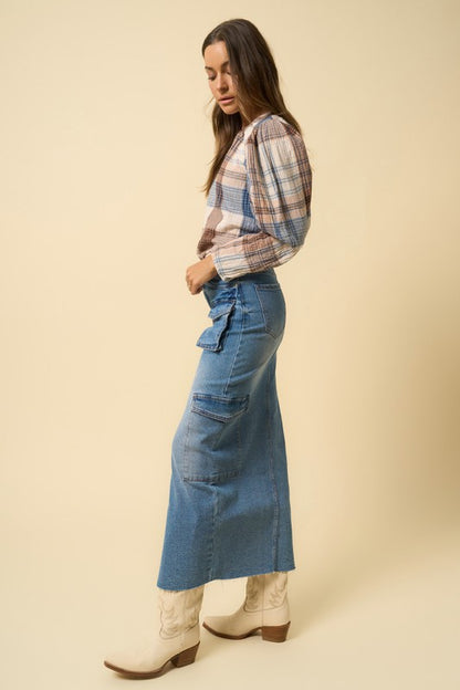 Medium Wash Denim Maxi Cargo Skirt - steven wick