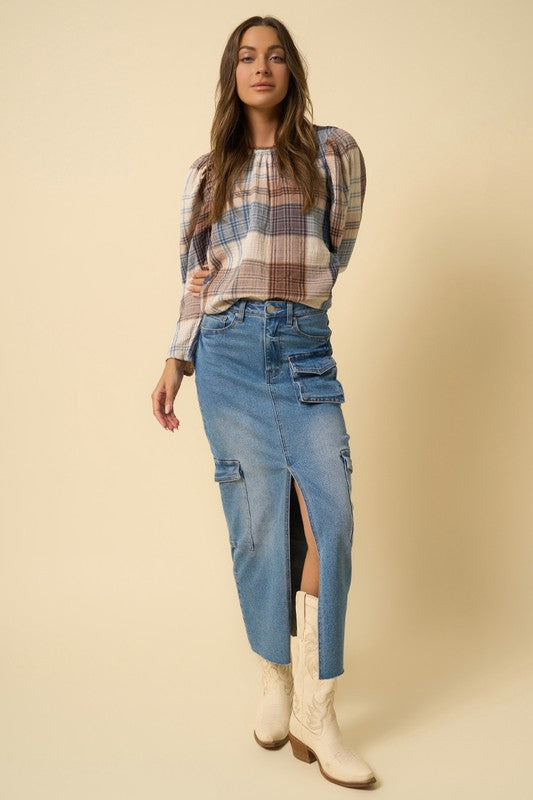 Medium Wash Denim Maxi Cargo Skirt - steven wick