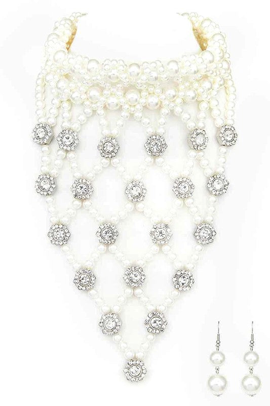 Crystal Accent Pearl Choker Statement Necklace Set - steven wick