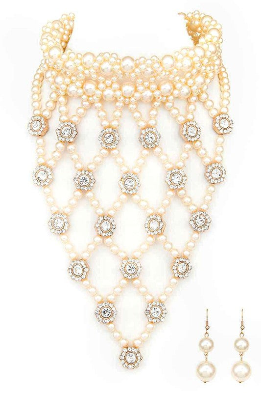 Crystal Accent Pearl Choker Statement Necklace Set - steven wick