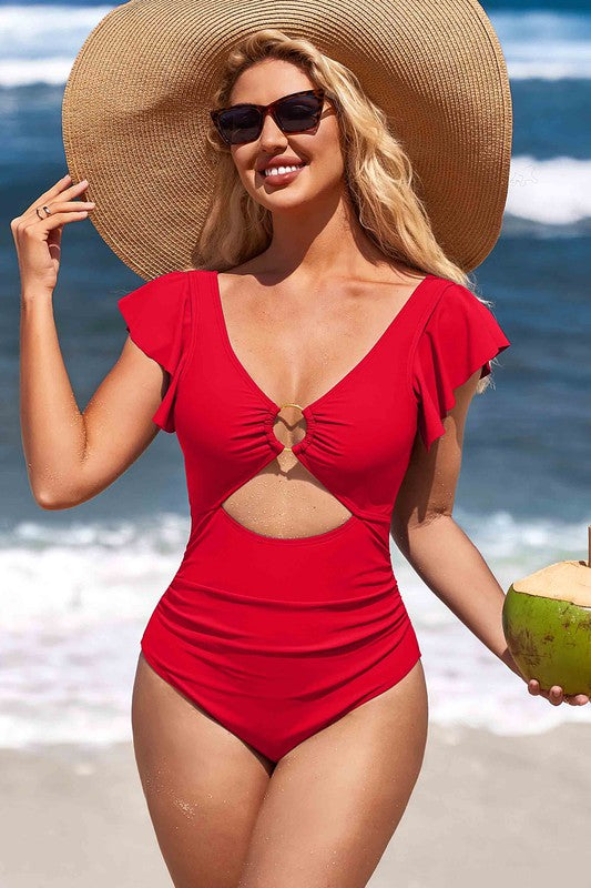 Ruffle O-Ring Cutout One Piece Bathing Suit - steven wick