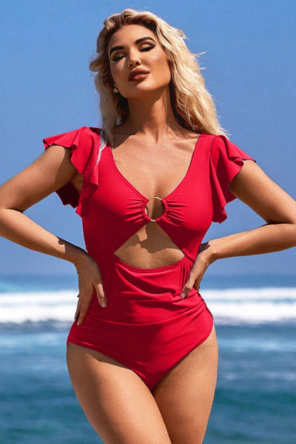 Ruffle O-Ring Cutout One Piece Bathing Suit - steven wick