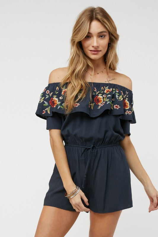 Floral Embroidered Ruffle Off-Shoulder Romper - steven wick